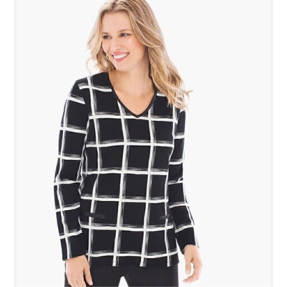 Chico’s Graphic Print Faux Leather Trim Long Sleeve Tunic Top Black White Ladies
